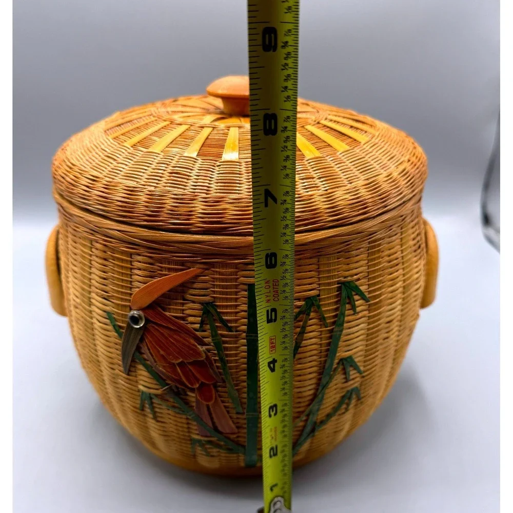 Vintage Wicker Ice Bucket Bird Bamboo Rattan Insulated MCM Tiki Barware 7.5in